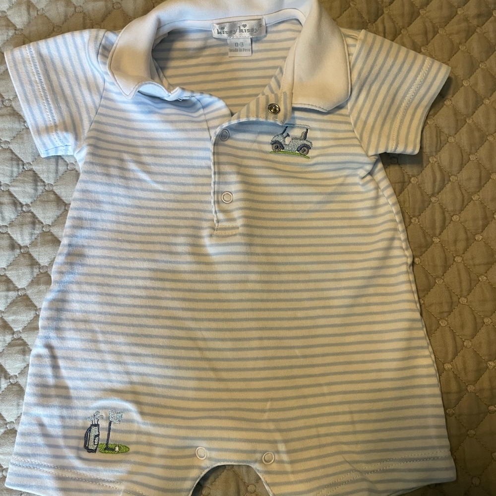 Kissy Kissy Striped Romper with Golf Embroidery